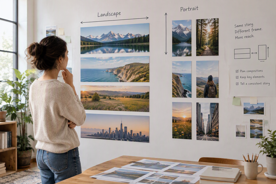 Creator planning landscape and portrait video compositions on a studio wall