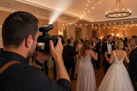Compact TTL flash mounted on a camera during a dim wedding reception, aimed toward the dance floor.