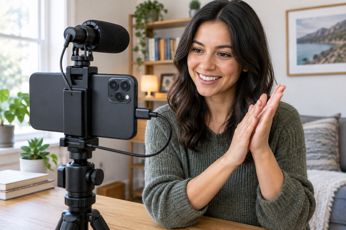 Creator preparing a phone video rig with an external USB-C microphone and a hand-clap sync cue.