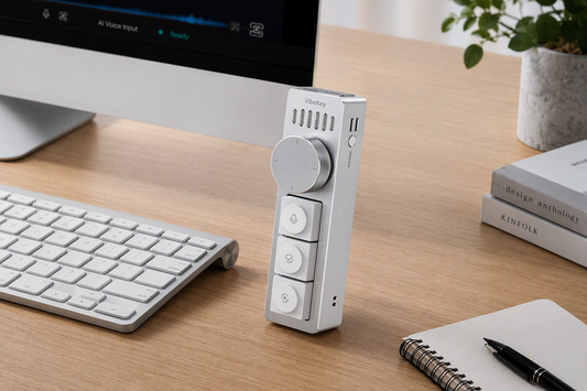AI voice-input keypad arranged as the focal point of a clean home-office workspace beside a computer keyboard.