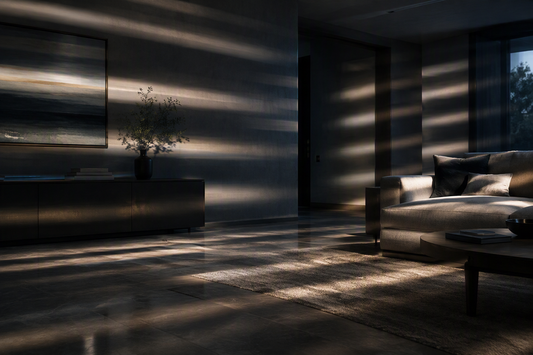 Rhythmic bands of changing light cross a dark interior, evoking flicker revealed during slow-motion capture.