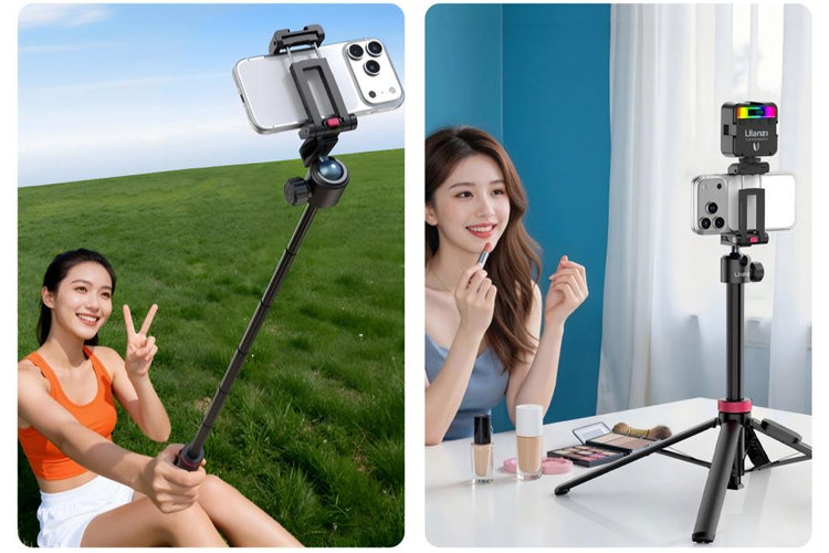 Women using phone tripods to take an outdoor selfie and record an indoor makeup tutorial.