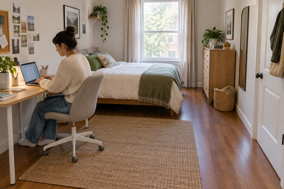 Compact bedroom content studio with a seated creator, open floor space, and soft window light arranged around the shooting area.