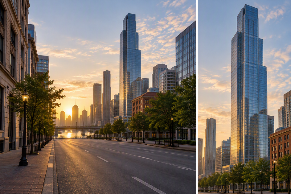 The same city street shown in a wide landscape composition and a tall portrait composition, illustrating how framing changes between orientations.