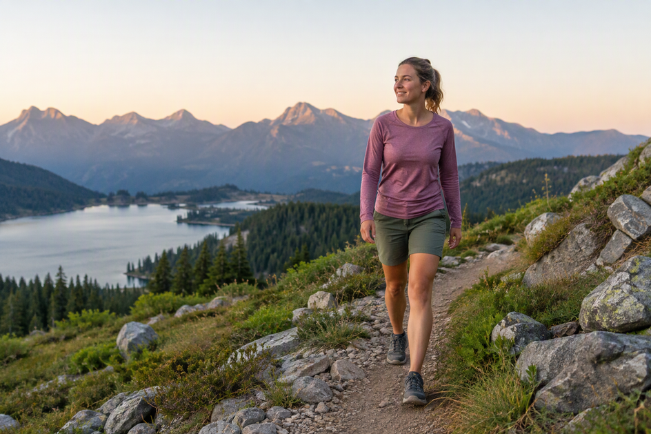 A lone hiker walks along a winding trail while the surrounding landscape holds a steady visual frame.