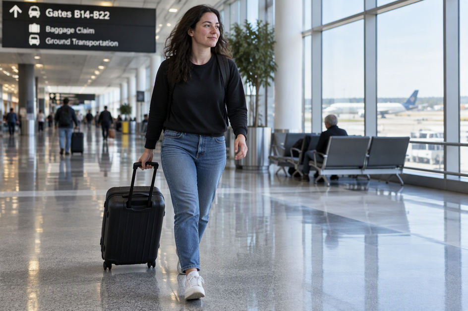 Traveler walking through an airport terminal with a rolling suitcase.