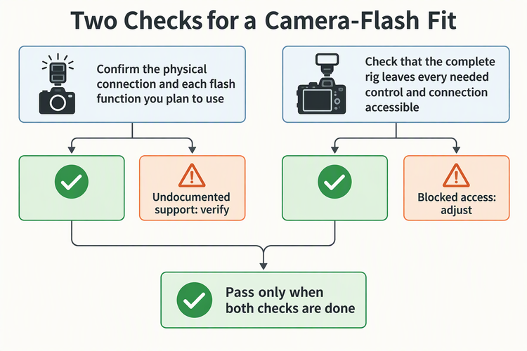 Abstract decision diagram showing that a camera-flash fit check requires both documented pairing support and full-rig clearance; undocumented items stay at verify, and obstructions stay at adjust.