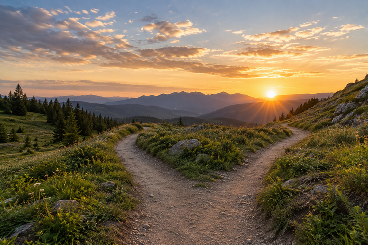 An empty landscape trail forks into a clear route and a more obstructed route, a visual metaphor for checking an unobstructed carry-to-tripod transition.