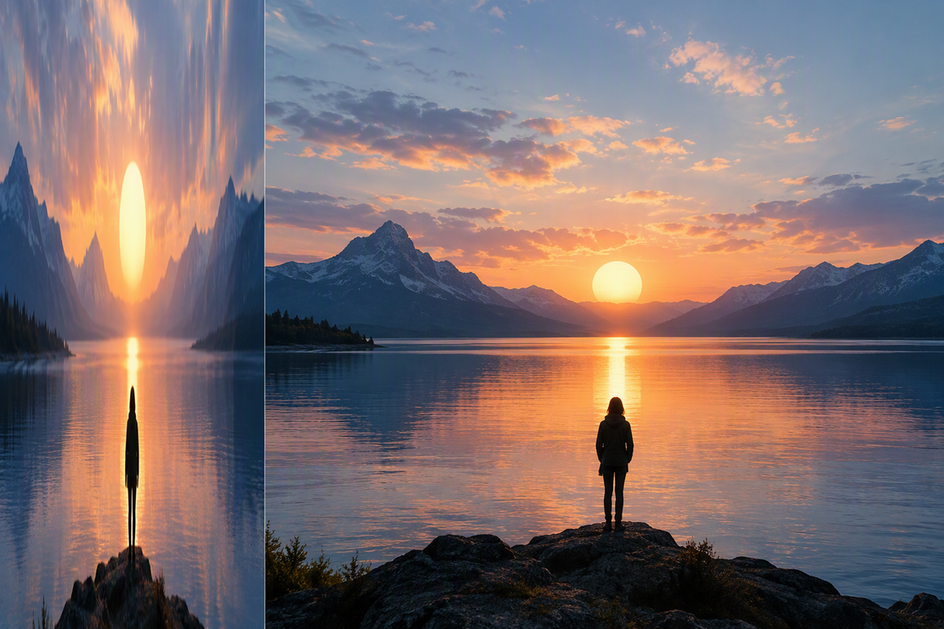 Abstract cinematic composition showing a horizontally squeezed frame beside its corrected widescreen proportions, with natural circles and silhouettes in the restored view.