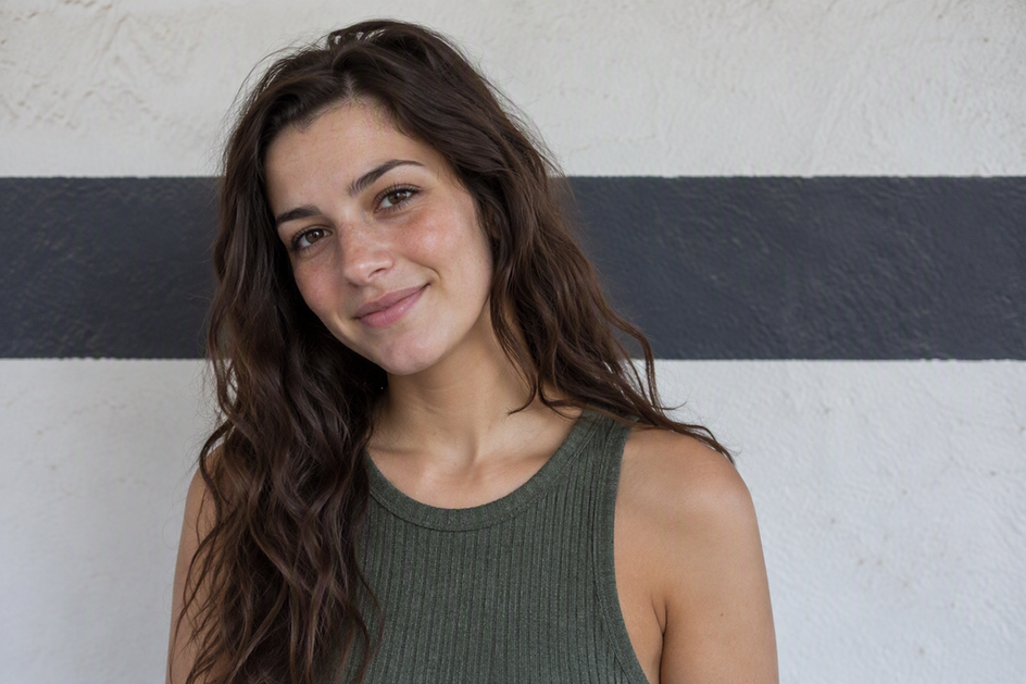 Portrait subject against a wall crossed by a dark horizontal band.