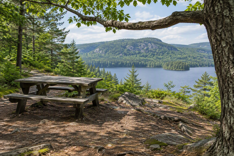 A quiet trail-side setting with a level picnic table and a sturdy low branch, showing two possible kinds of support without any camera or mounting gear.