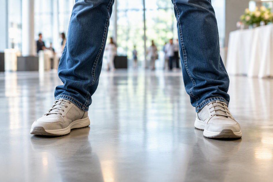 A photographer’s feet form a stable stance around a clear patch of smooth indoor flooring.