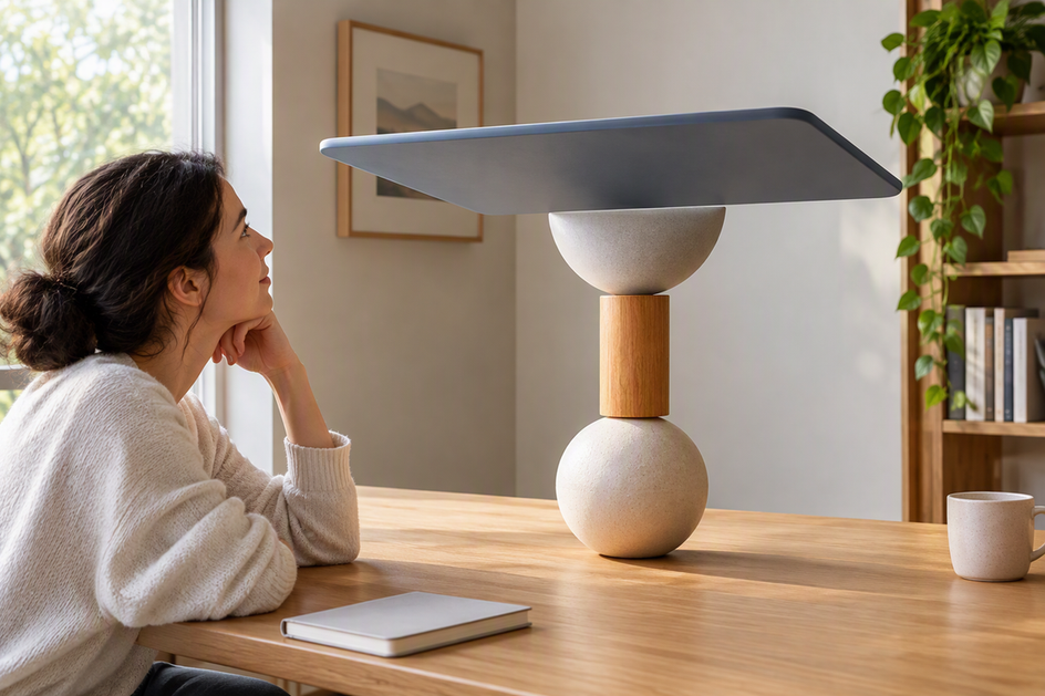 Abstract stability concept showing an overhead phone-mount setup balanced over a firm support point in a clean workspace.