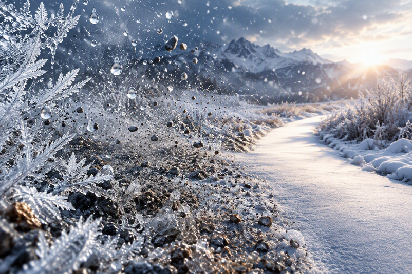 Abstract winter scene showing frost, moisture, and grit separated from a clean dry path representing tripod twist-lock care