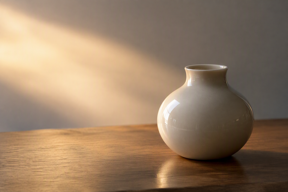 Soft light wraps around a glossy small object while the reflected hotspot falls outside the viewer’s sightline.