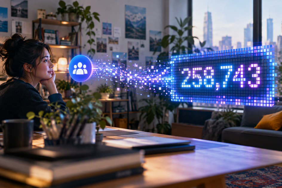 Abstract pixel-grid visualization showing a live subscriber count flowing from a social channel into a clock display concept.