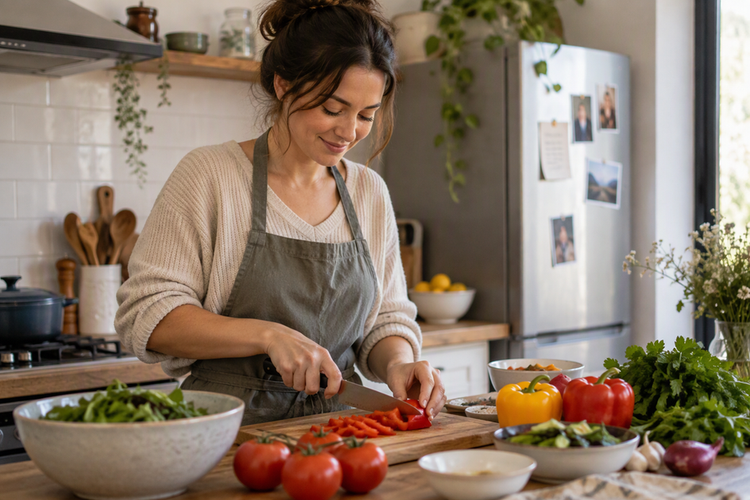 A home cook prepares ingredients at a kitchen counter in a bright, uncluttered home kitchen.
