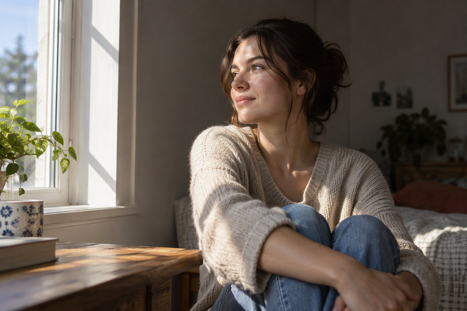 A person sits near a window in a calm home interior, with natural daylight brightening one side of the room and soft shade on the other.
