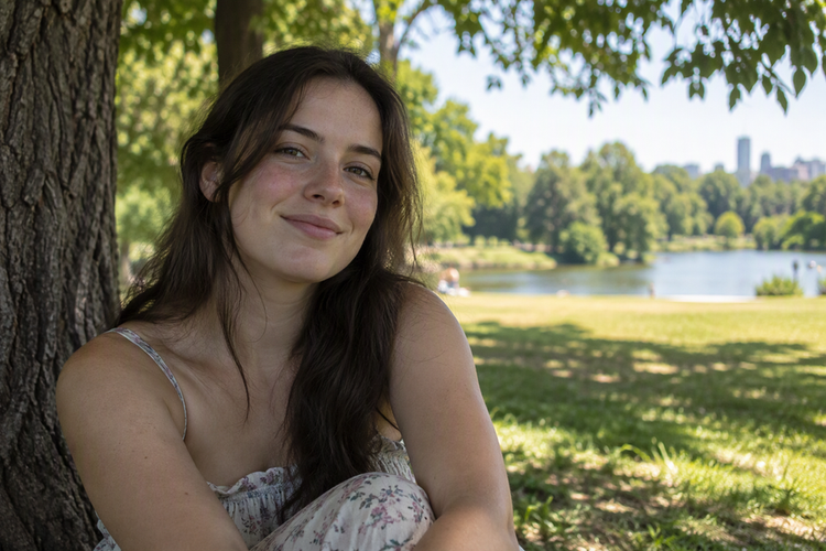 A person stands in open shade beneath a tree, with a bright sunlit park in the background, illustrating the changing light conditions of outdoor filming.