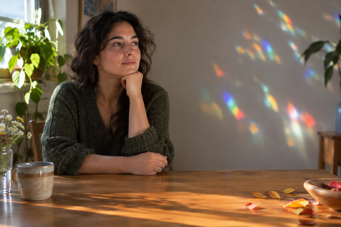 A person at a clean desk considers a steady pool of light beside scattered, shifting color reflections, a device-free visual metaphor for fixed versus changing desk information.