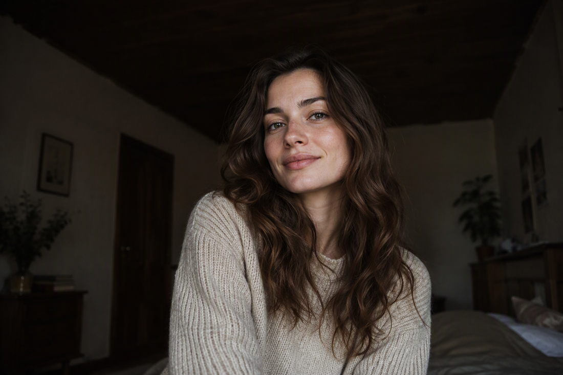 A portrait sitter in a dim room beneath a visibly dark ceiling, with the face softly visible and no lighting equipment in frame.
