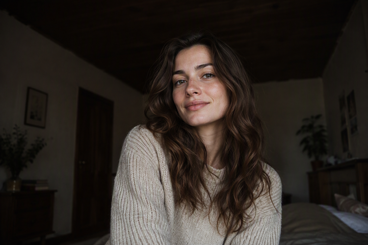 A portrait sitter in a dim room beneath a visibly dark ceiling, with the face softly visible and no lighting equipment in frame.