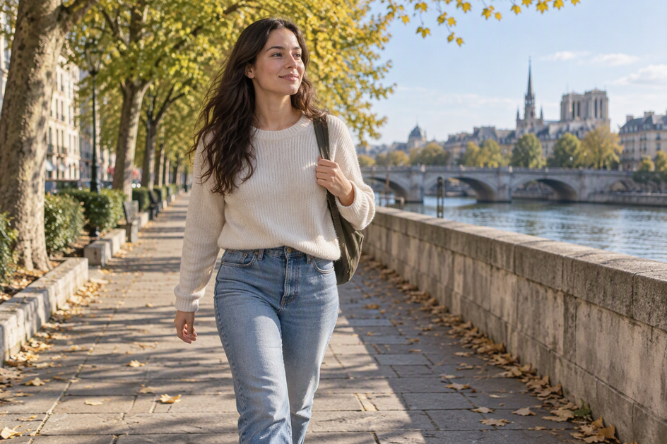 A person walking along a tree-lined city path, with the route ahead visible.