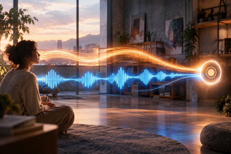 Abstract audio and power streams converge at a continuous recording point in a cinematic studio-inspired composition.