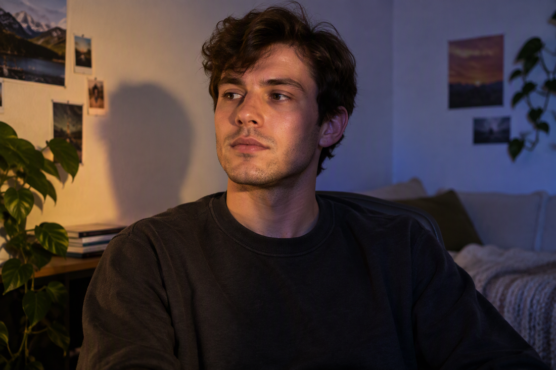 A seated creator in a simple indoor setting, with uneven light across the face, a crisp jaw shadow, and subtle colored light spill; no lighting or recording equipment is visible.