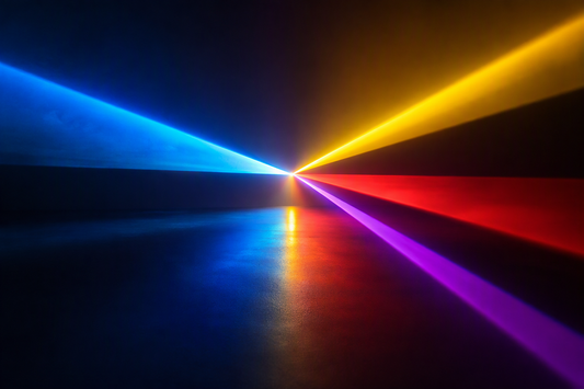 Abstract colored light paths diverge and align at a junction, representing why exact camera–flash model matching matters beyond the brand name.
