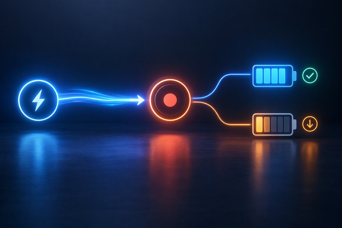 Abstract visualization of continuous external power flowing toward a recording session while a separate battery reserve remains steady or declines