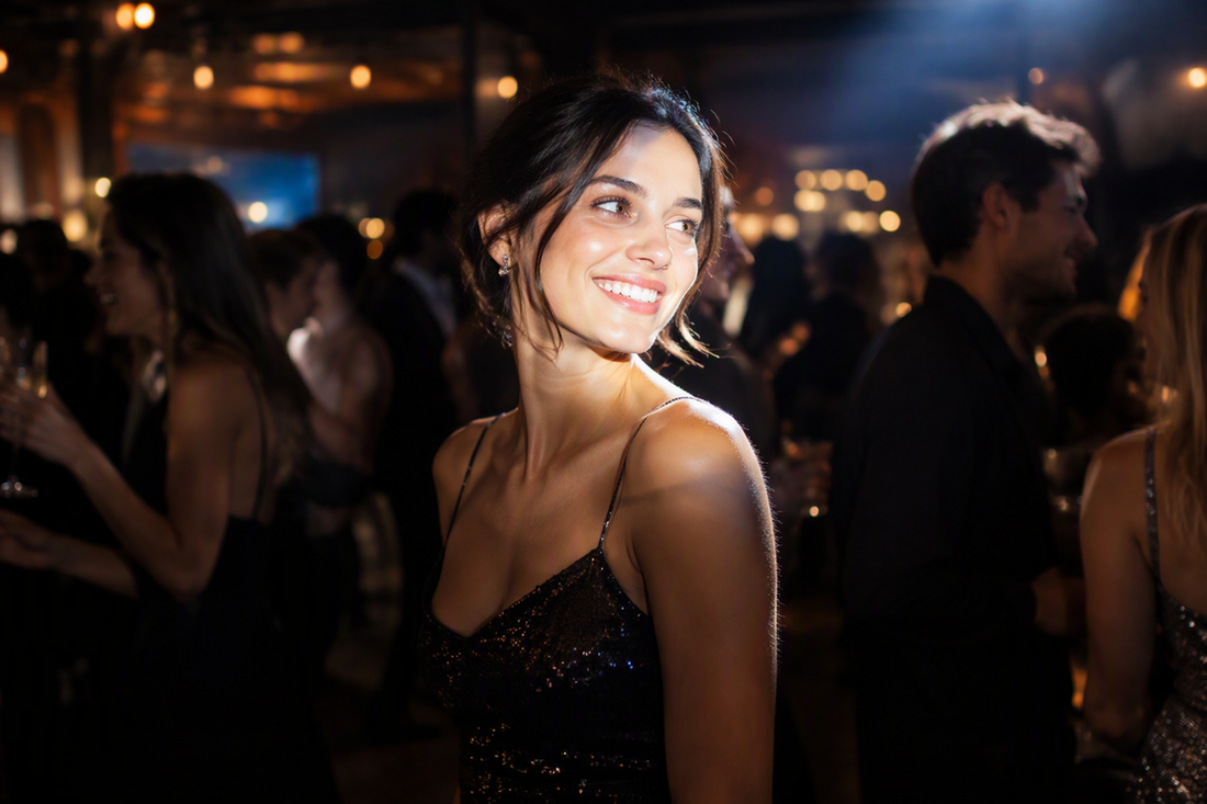Portrait subject at a lively dimly lit party, caught sharply as a brief burst of light illuminates the scene