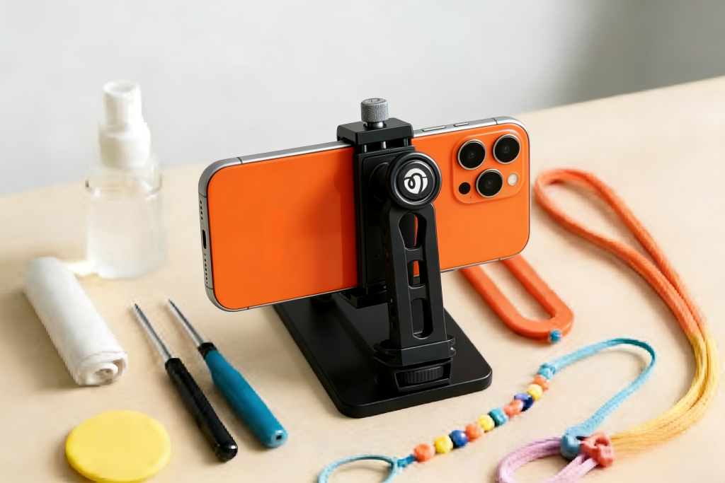 An orange smartphone mounted on a black desktop phone holder surrounded by DIY tools and colorful straps.