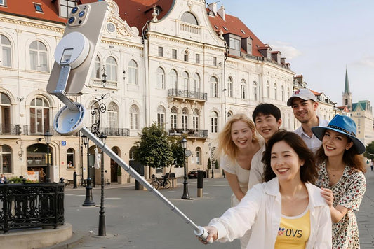 A cheerful group of friends posing for a selfie using a long selfie stick in a sunny town square.