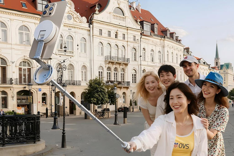 A cheerful group of friends posing for a selfie using a long selfie stick in a sunny town square.