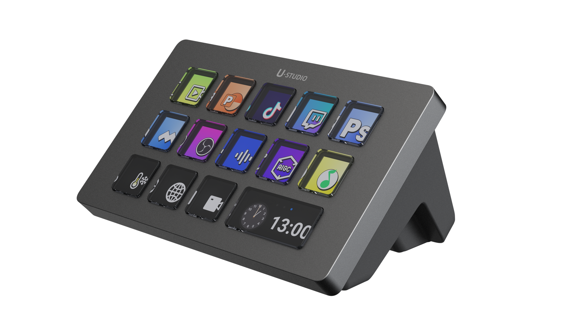 Ulanzi Stream Controller D200 featuring customizable macro keys and app icons.