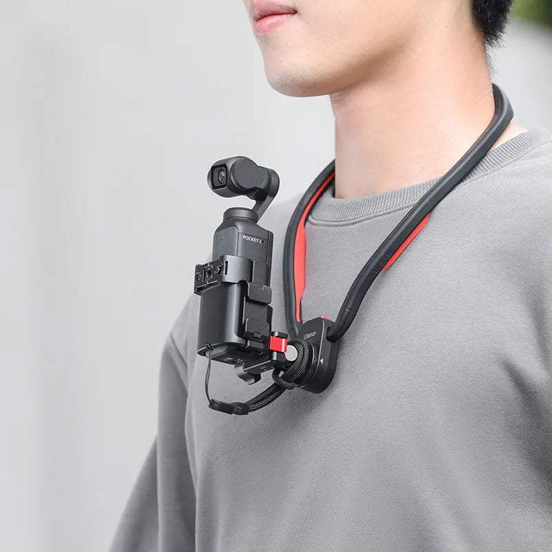 Ulanzi PK-06 Expansion Adapter attached to DJI Osmo Pocket 3 worn around the neck.
