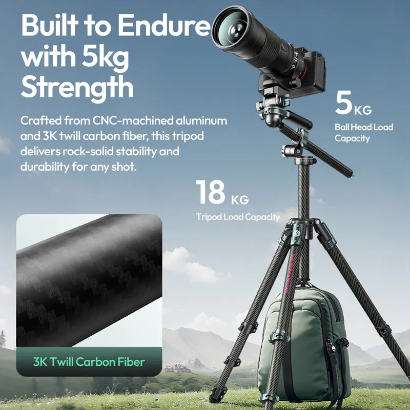 The Ulanzi JJ06 Glidego tripod features durable 3K twill carbon fiber, supporting a 5kg ball head and 18kg overall load capacity for versatile outdoor shooting.