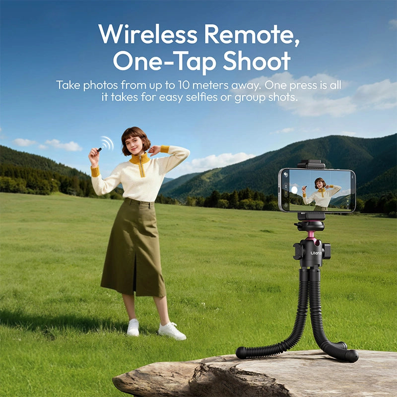 Ulanzi MT91 wireless remote for one-tap shooting with flexible tripod, capturing selfies in outdoor scenery.