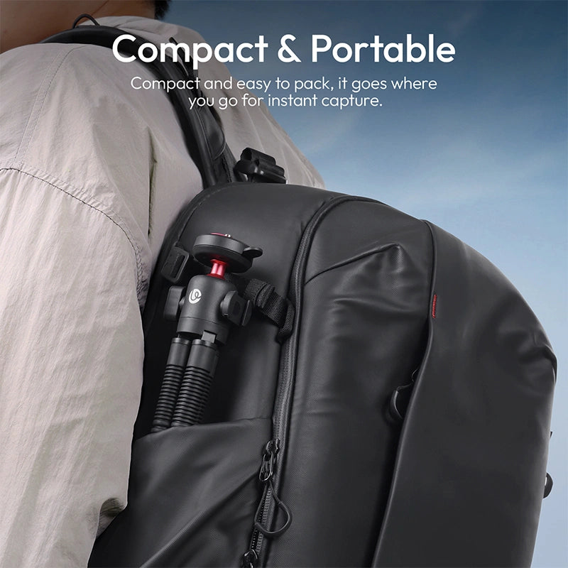 Ulanzi MT91 Cka quick release tripod attached to a black backpack