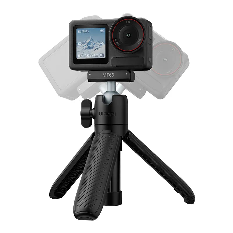  An action camera mounted on the Ulanzi MT66 tripod in its tabletop mode, demonstrating its stability and adjustable angle.