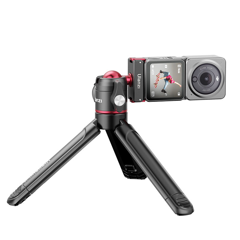 Ulanzi U-180 Magnetic Ball Head with DJI Action Camera on mini tripod, black and red design.