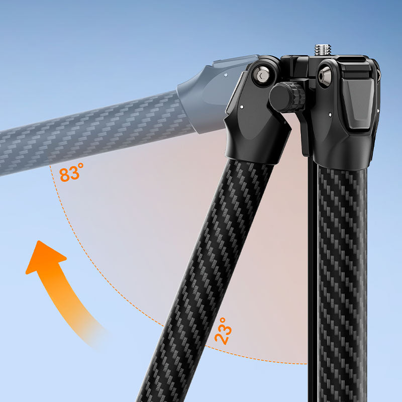 Ulanzi TZ01 carbon fiber tripod hinge detail with 83-degree adjustable leg angle