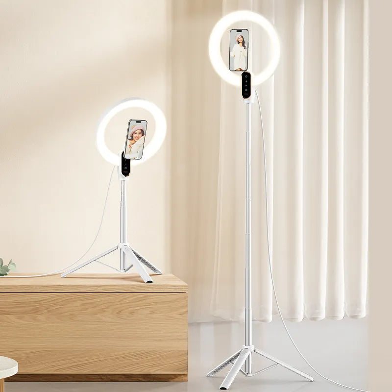 10-inch LED ring light on tripod showcasing a smartphone holder for photography.