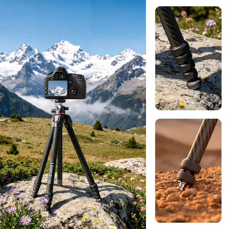 Ulanzi TZ01 carbon fiber tripod with camera on rocky mountain landscape