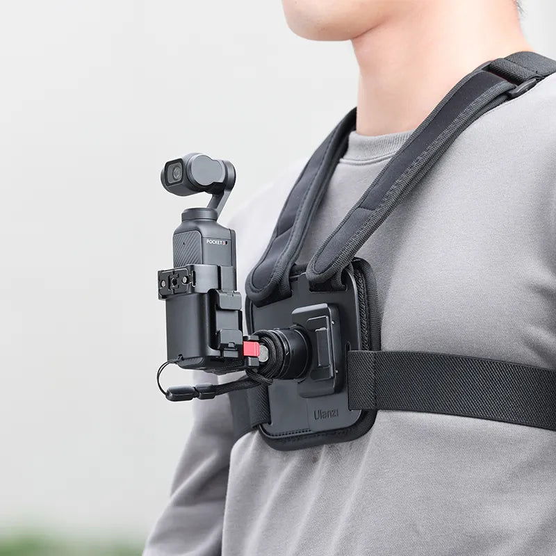 User wearing Ulanzi PK-06 adapter with DJI Osmo Pocket 3 in a chest harness.