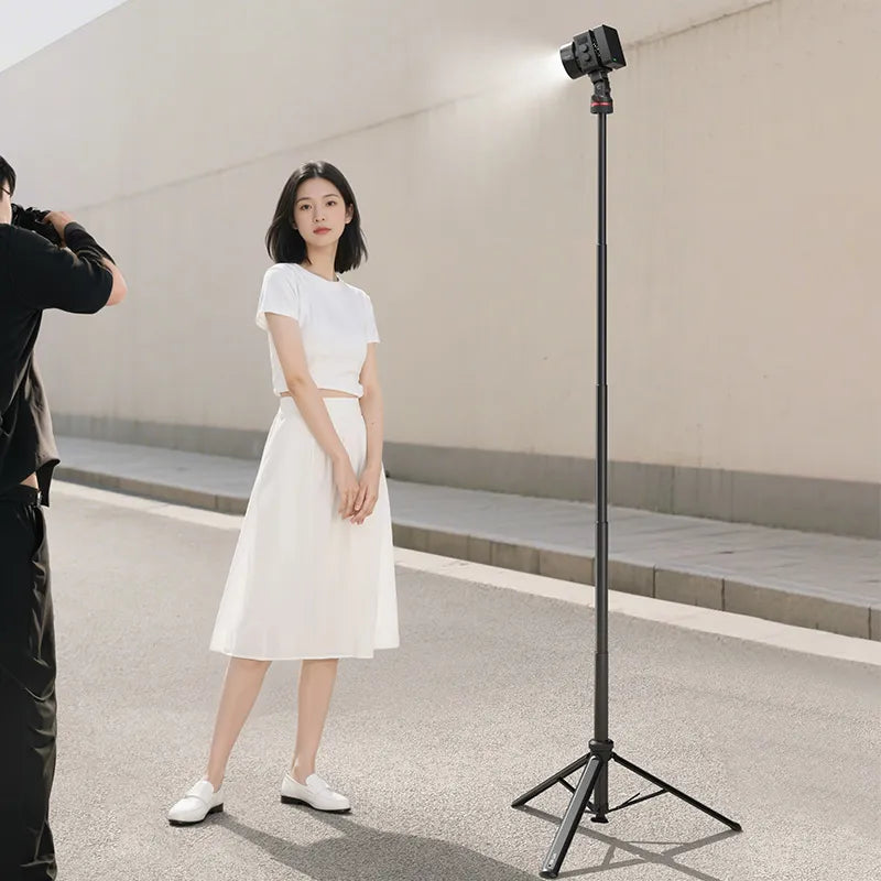 A photographer taking a picture of a woman posing, illuminated by a light on a stand.
