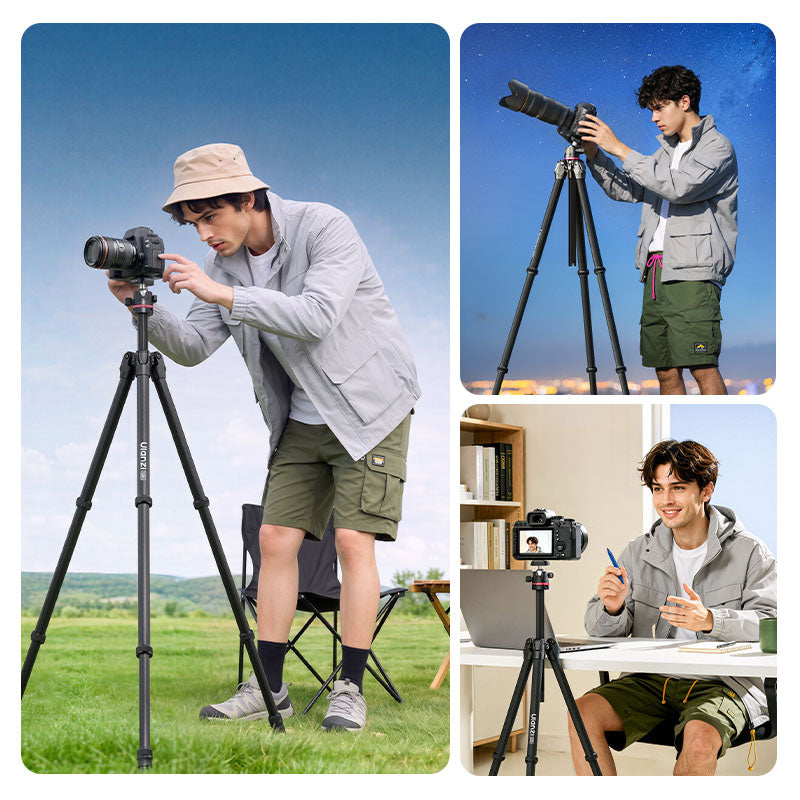 Man using Ulanzi carbon fiber tripod with camera outdoors and at desk for photography and video setup