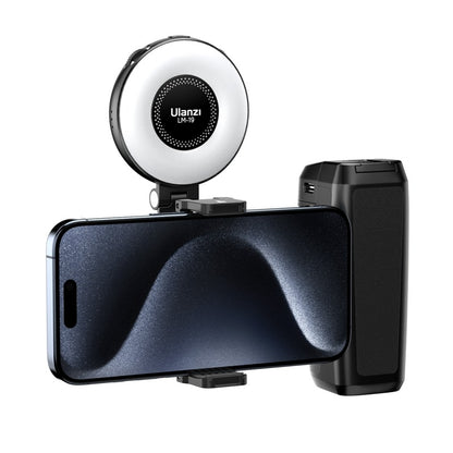 Ulanzi MA35 MagSafe Smartphone Camera Grip with Ring Light, black, iPhone attached, ergonomic design.