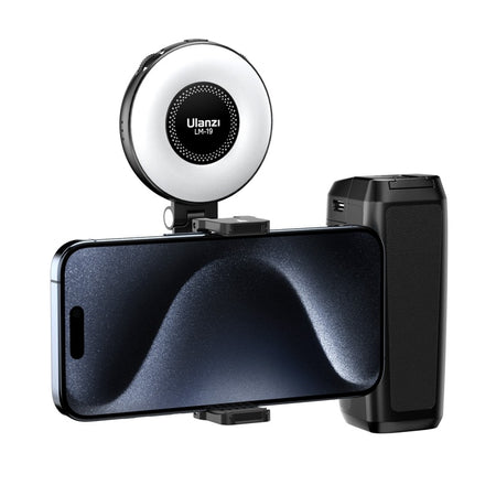 Ulanzi MA35 MagSafe Smartphone Camera Grip with Ring Light, black, iPhone attached, ergonomic design.